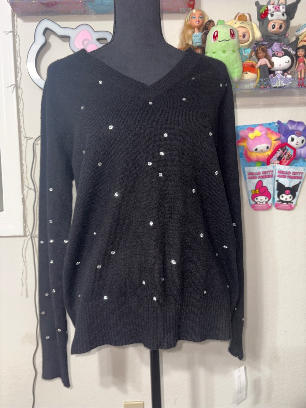 Charter Club Black V-Neck Sweater with Rhinestone Accents